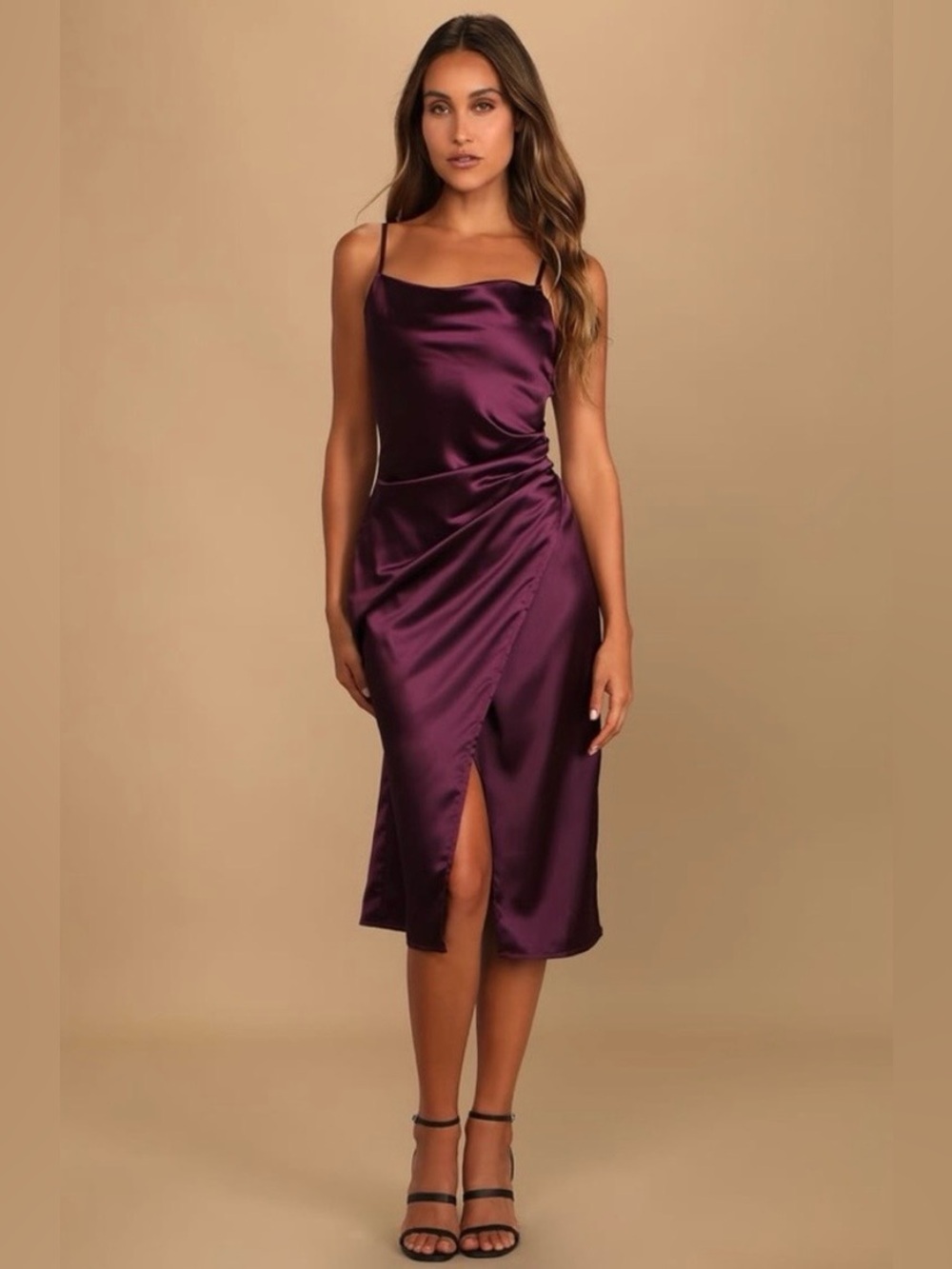 Lulu's Satin Midi Slip Dress in Plum